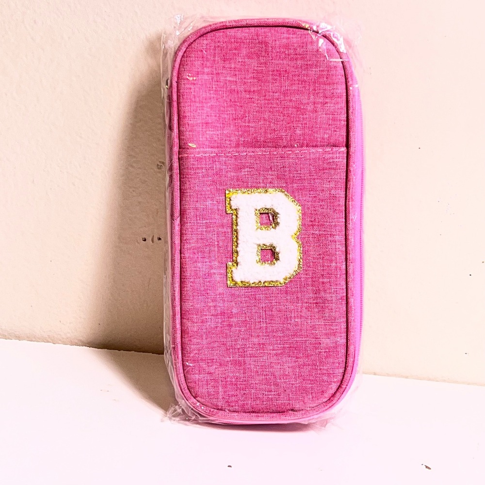 OS Pencil Case Pink Chenille Varsity Letter B Glitter Preppy Pouch